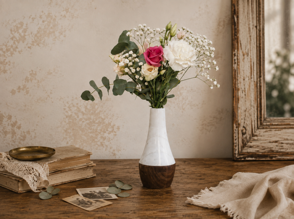 Decorative vase in Carrara marble and oak - Fiasco model