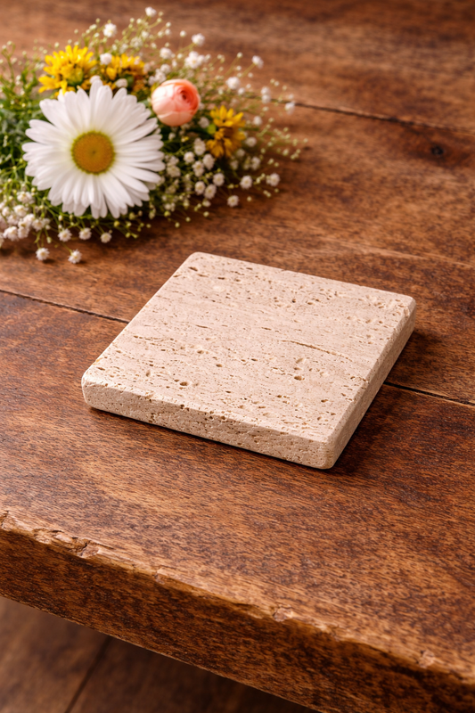 Sottobicchieri in Travertino - Pietra naturale lavorata a mano - Sottotazza minimal - Idea regalo - Marmo sottile quadrato
